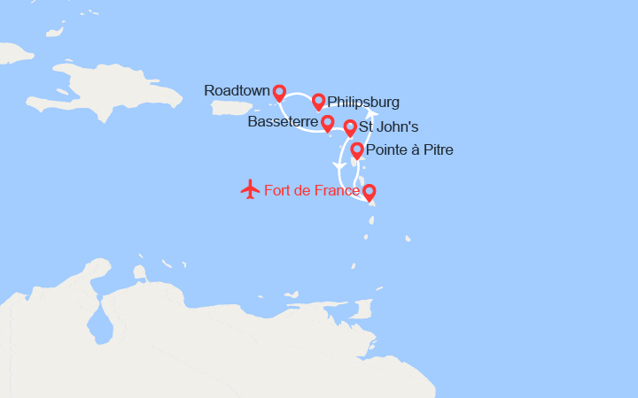 Carte itinéraire croisière Martinique, Guadeloupe, St-Martin, Îles Vierges , St Kitts, Antigua - Vols Inclus