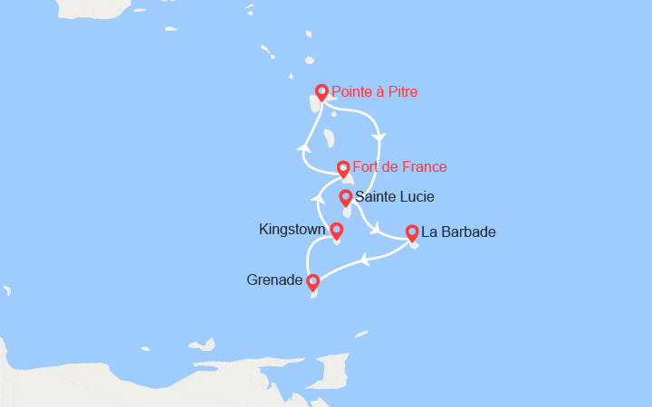 Carte itinéraire croisière Martinique, Guadeloupe, Ste Lucie, Barbade, Grenade, Grenadines