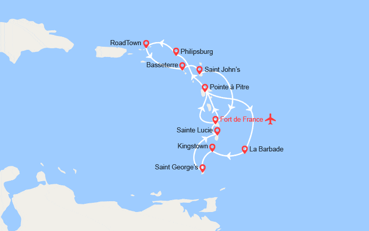 Carte itinéraire croisière Martinique, Guadeloupe, Ste Lucie, Barbades, St Vincent et les Grenadines, Grenades... -| Vols inclus
