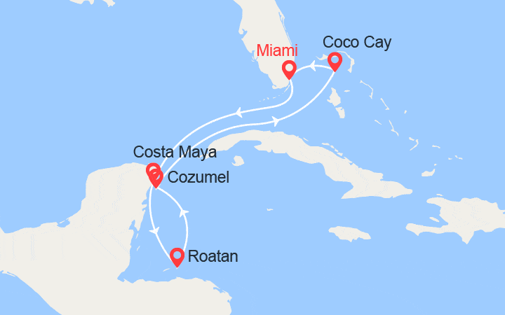 Carte itinéraire croisière Mexique, Honduras, Bahamas