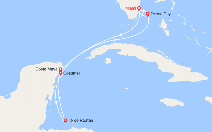 Carte itinéraire croisière Mexique, Honduras, Bahamas