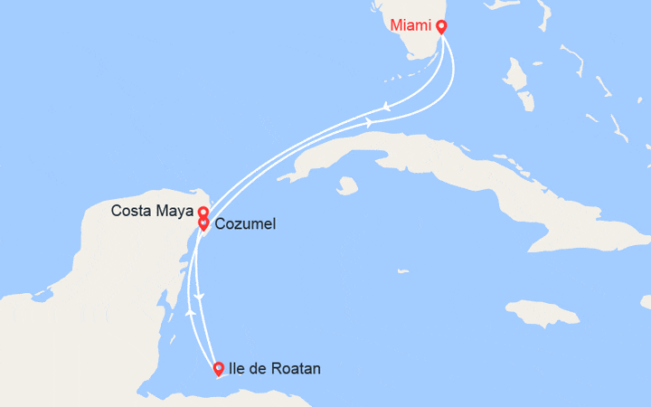 Carte itinéraire croisière Mexique, Honduras, Cozumel