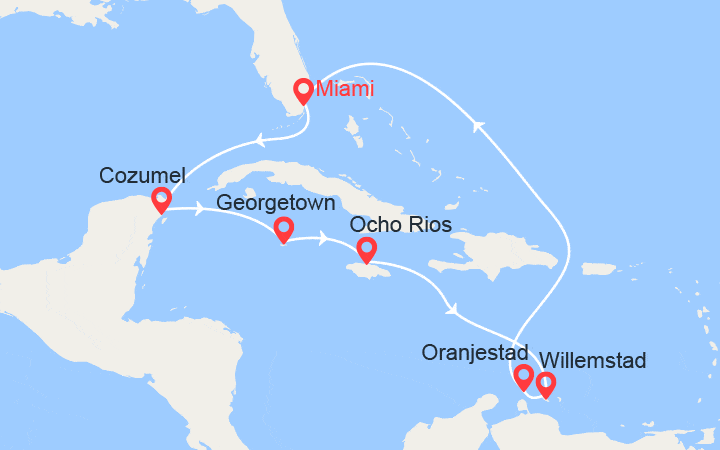 Carte itinéraire croisière Mexique, île Caïmans, Jamaïque, Curaçao, Aruba