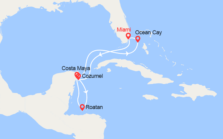 Carte itinéraire croisière Mexique, île de Roatan, Costa Maya, Ocean Cay