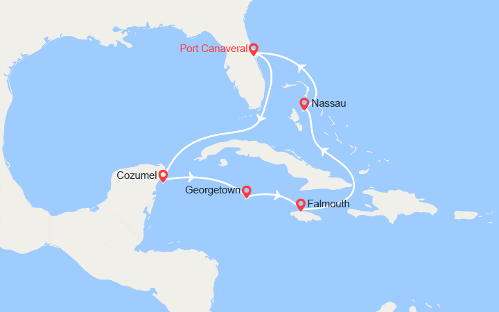 Carte itinéraire croisière Mexique, îles Caïmans, Jamaïque, Bahamas