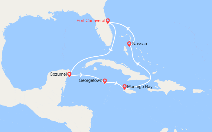 Carte itinéraire croisière Mexique, îles Caïmans, Jamaïque, Bahamas