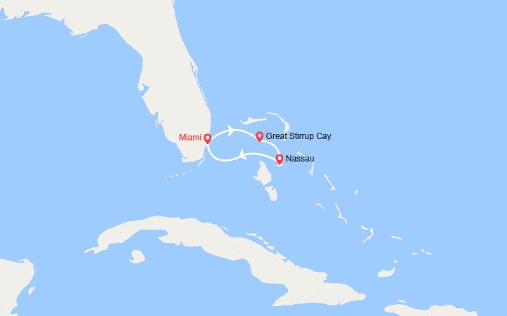 Carte itinéraire croisière Miami, Bahamas, Nassau...