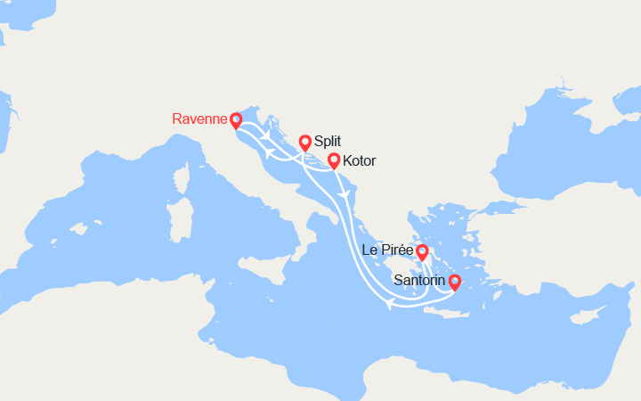 Carte itinéraire croisière Monténégro, Grèce, Croatie