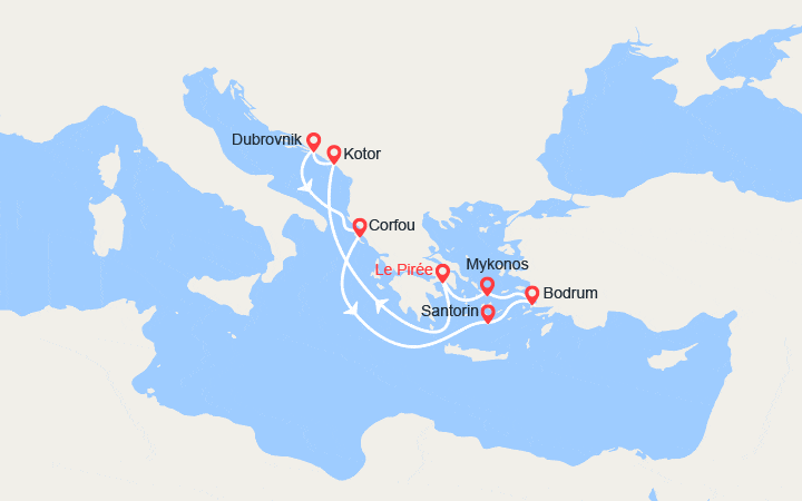 Carte itinéraire croisière Monténégro, Grèce, Turquie