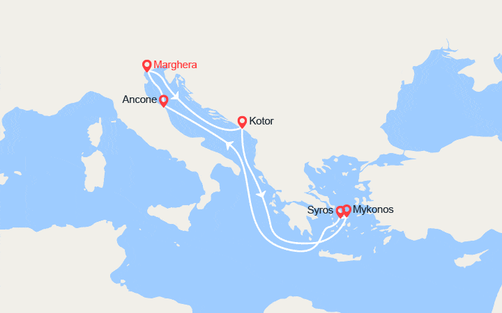 Carte itinéraire croisière Monténégro, Iles grecques, Italie
