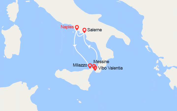 Carte itinéraire croisière Noël méditerranéen : Naples, la côte Amalfitaine et la Sicile (NAP_NOPP)