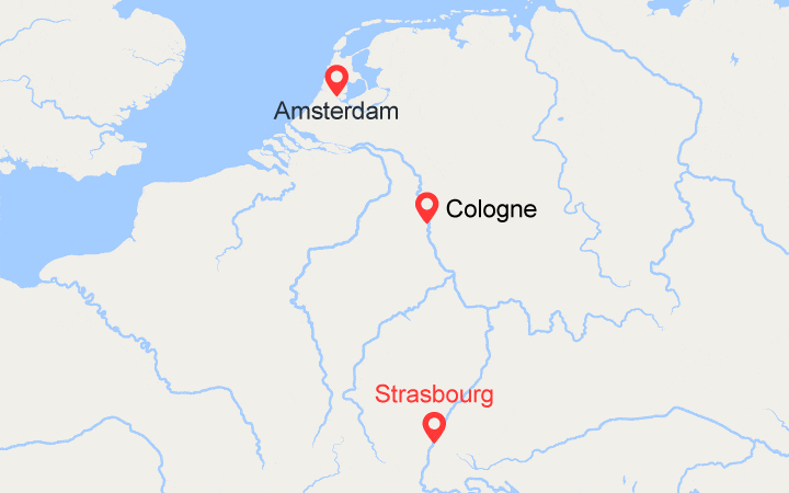 Carte itinéraire croisière Noël rhénan et hollandais : de Strasbourg vers le pays des moulins (NOB)