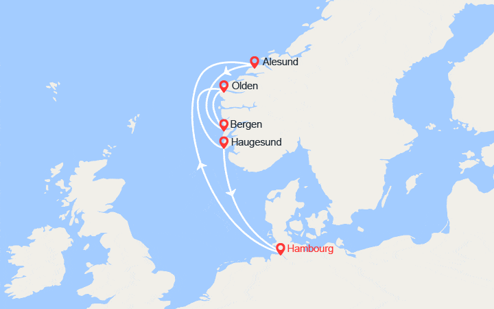 Carte itinéraire croisière Norvège : Alesund, Bergen, Olden, Haugesund