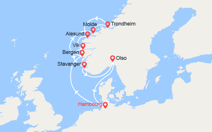 Carte itinéraire croisière Norvège : Bergen, Molde, Alesund, Stavanger