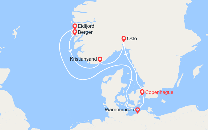 Carte itinéraire croisière Norvège: Eidfjord, Bergen, Kristiansand, Oslo