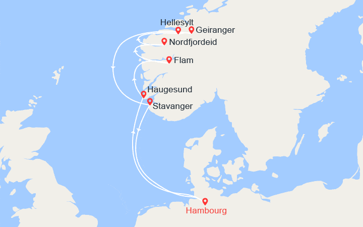 Carte itinéraire croisière Norvège : Haugesund, Flam, Nordfjordeid, Geiranger, Stavanger