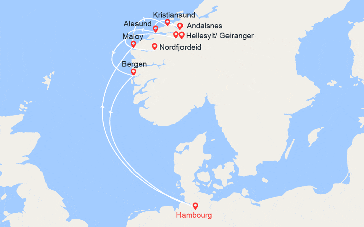 Carte itinéraire croisière Norvège : Maloy, Kristiansund, Andalsnes, Alesund, Bergen