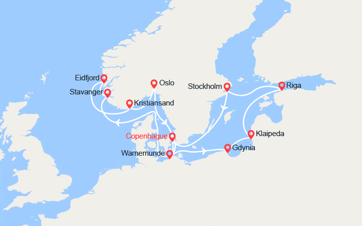 Carte itinéraire croisière Norvège, Pologne, Lituanie, Lettonie....