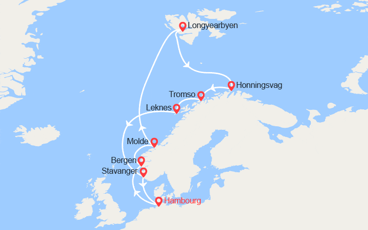 Carte itinéraire croisière Norvège, Spitzberg, Cap Nord