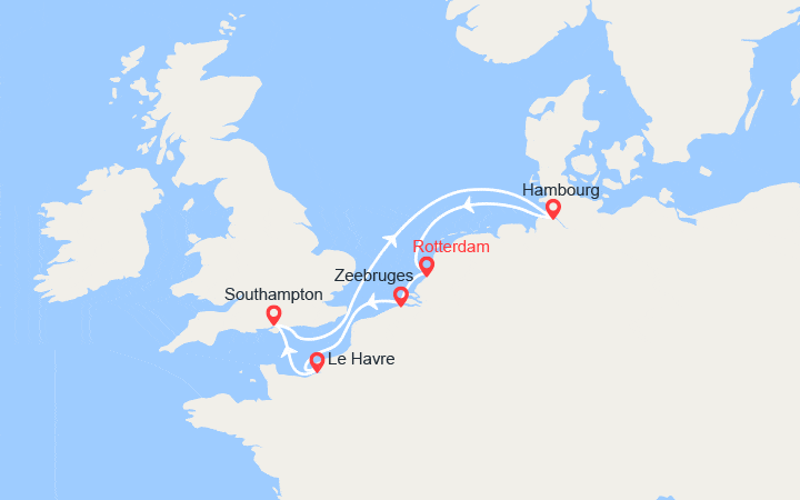 Carte itinéraire croisière Pays Bas, Belgique, France, Royaume-Uni, Allemagne