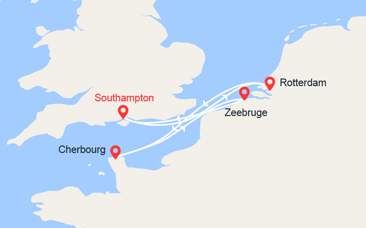 Carte itinéraire croisière Pays Bas, France, Belgique