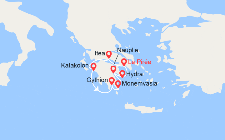 Carte itinéraire croisière Paysages et sites emblématiques du Péloponnèse