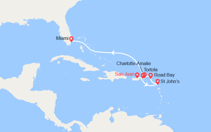 Carte itinéraire croisière Porto Rico, Antigua et Barbuda, Anguilla, îles Vierges, États-Unis