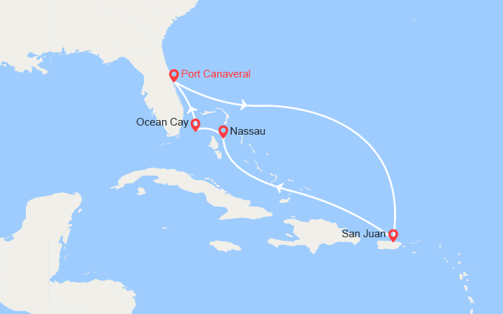 Carte itinéraire croisière Porto Rico, Bahamas