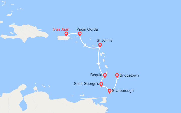 Carte itinéraire croisière Porto Rico, îles Vierges, Antigua et Barbuda, Martinique, Grenade, Trinité et Tobago