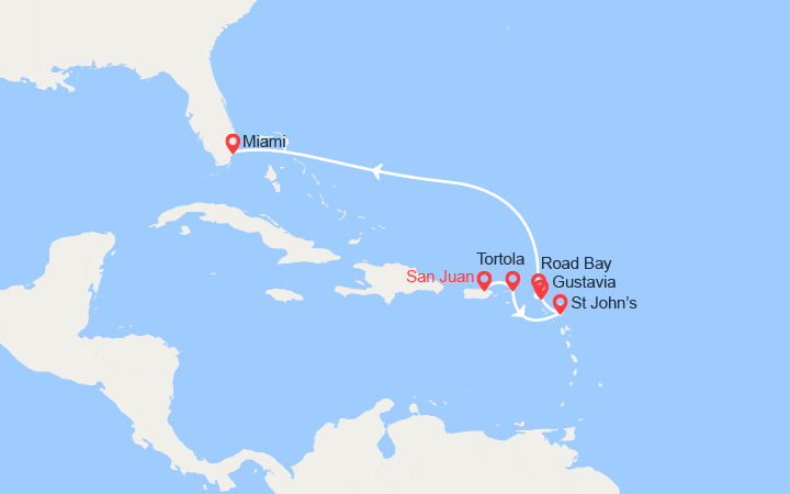 Carte itinéraire croisière Porto Rico, îles Vierges, Antigua et Barbuda, St Barthélemy, Anguilla, États-Unis