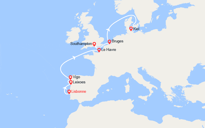 Carte itinéraire croisière Portugal, Espagne, France, Belgique