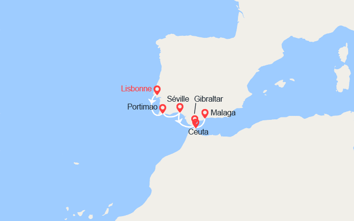 Carte itinéraire croisière Portugal, Espagne, Gibraltar
