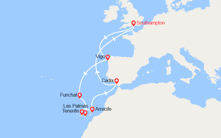 Carte itinéraire croisière Portugal, Gibraltar, Espagne