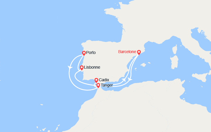Carte itinéraire croisière Portugal, Maroc, Espagne : Lisbonne, Porto, Tangier, Séville