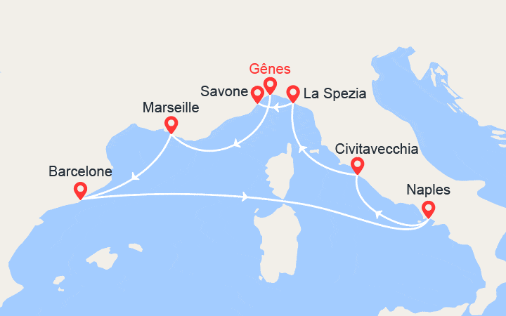 Carte itinéraire croisière Provence, Barcelone, Italie