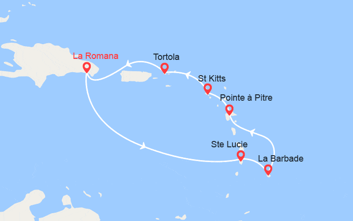 Carte itinéraire croisière Rép. Dominicaine, Antilles, îles Vierges