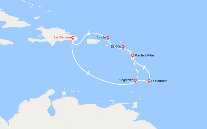 Carte itinéraire croisière Rép. Dominicaine, Antilles, îles Vierges