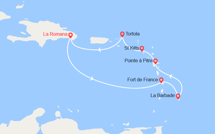 Carte itinéraire croisière Rép.Dominicaine, Antilles, Iles Vierges