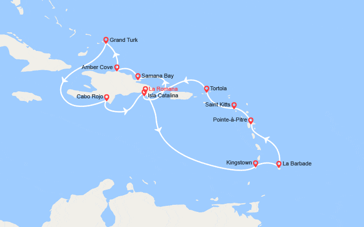 Carte itinéraire croisière Rép. Dominicaine, Antilles, îles Vierges, îles Turks et Caïques