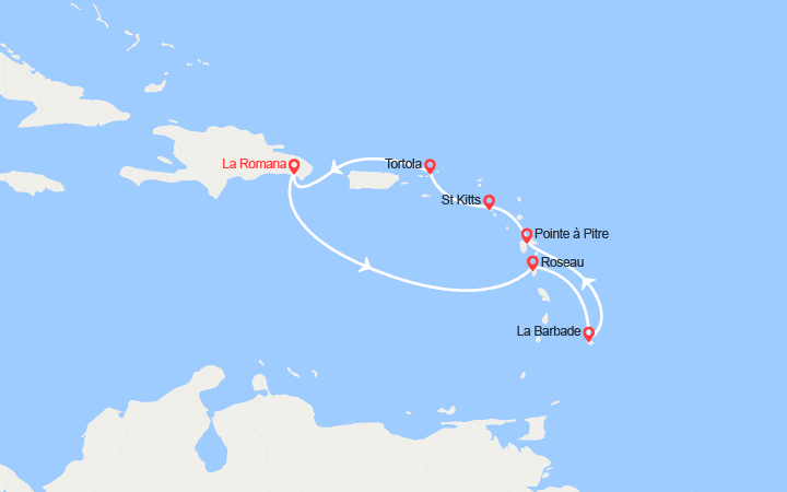 Carte itinéraire croisière Rép. Dominicaine, Dominique, Antilles, îles Vierges