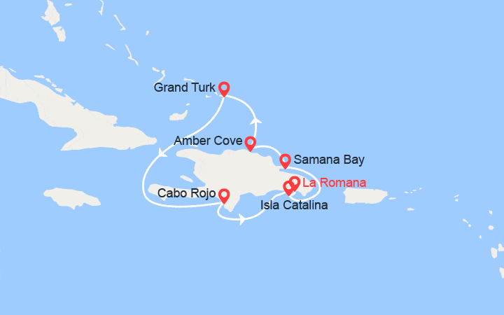 Carte itinéraire croisière Rép. Dominicaine, îles Turks et Caïques