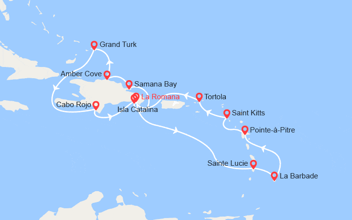 Carte itinéraire croisière Rép. Dominicaine, îles Turks et Caïques, Antilles, îles Vierges