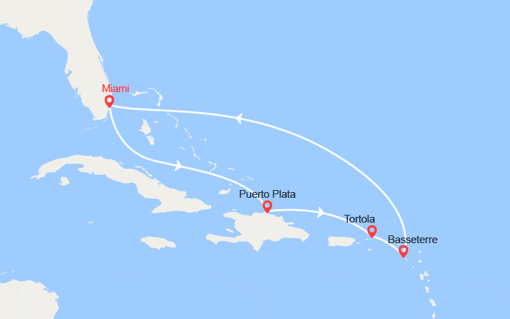 Carte itinéraire croisière Rép. Dominicaine, Iles Vierges, St Kitts