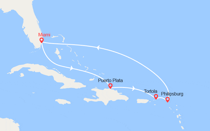 Carte itinéraire croisière Rép. Dominicaine, Iles Vierges, St Maarten