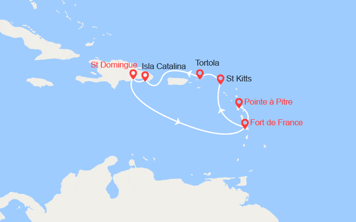 Carte itinéraire croisière Rép. Dominicaine, Martinique, Guadeloupe, St Kitts, Antigua, Tortola