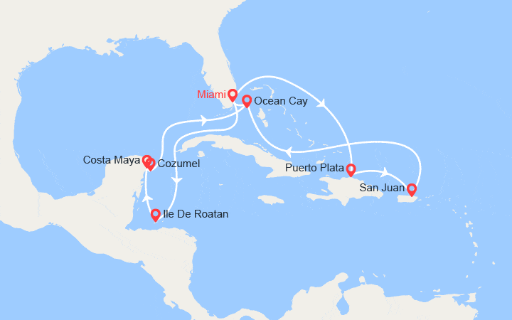 Carte itinéraire croisière Rép. Dominicaine, Porto Rico, Bahamas, Honduras, Mexique