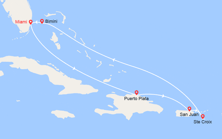 Carte itinéraire croisière République Dominicaine, Porto Rico, Iles Vierges Américaines, Bahamas