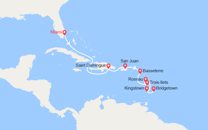 Carte itinéraire croisière République Dominicaine, Porto Rico, St Christophe et Niévès, Martinique, St Vincent, Barbade
