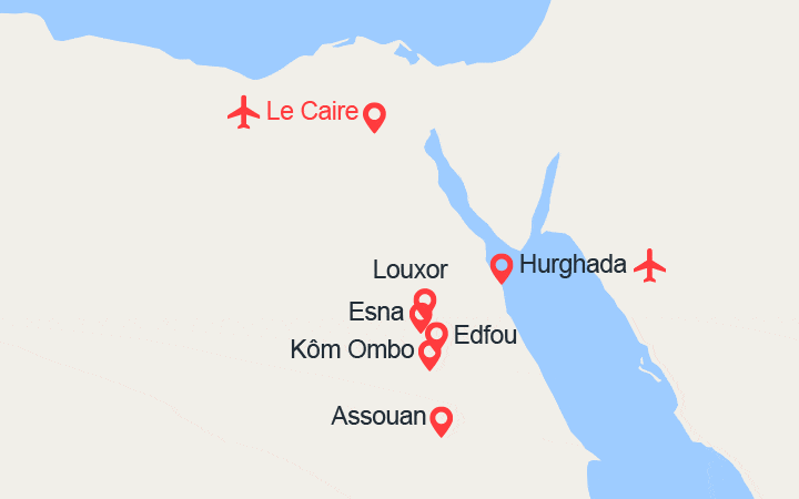 Carte itinéraire croisière Richesse du Caire, le Nil et la mer Rouge