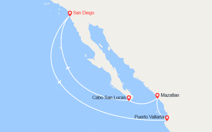 Carte itinéraire croisière Riviera Mexicaine : San diego, Puerto Vellarta, Cabos San Luca...